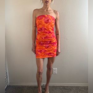 Strapless, pink and orange vacation vibe dress